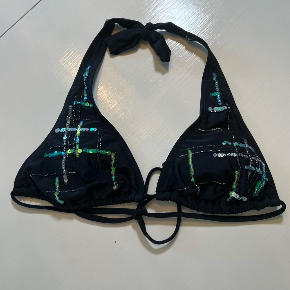 Sequin Black Bikini Bathing Suit Top Medium